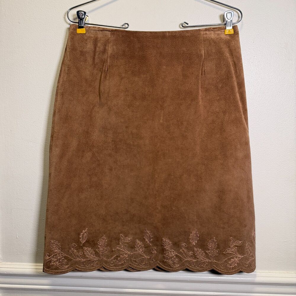 Lord & Taylor 100% Leather Suede Skirt Brown Embroidered Scallop Hem Size 10